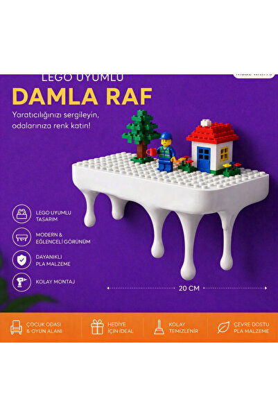 Karis ART LEGO Uyumlu Dekoratif Damla Raf 20 cm – Duvar Rafı, Biblo ve Koleks...