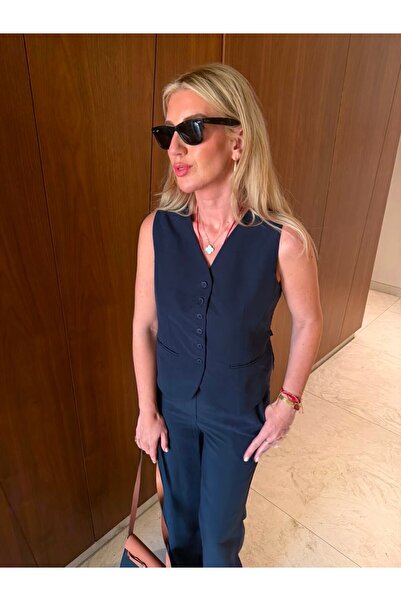 begum mayda Arkası Güpürlü Yelek & Pantolon , Lacivert Tencel Takım