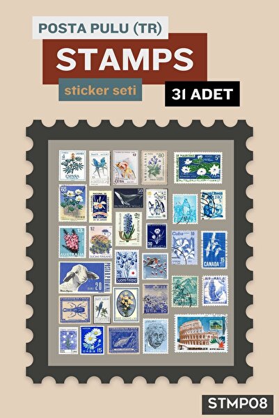 postercraft Mavi Renk Temalı Retro Posta Pulu Çıkartma Seti - 31 Adet Hazır J...