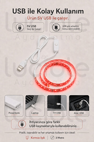 luciole 3 Metre 5V USB Kırmızı Şerit LED Aç Kapa Anahtarlı Gaming TV Masa Raf Araç Dekoratif Led