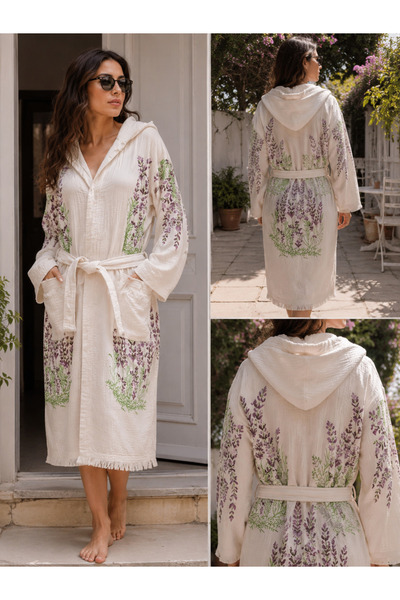 Dokubba Bathrobe - Muslin Bathrobe - Printed Muslin Bathrobe - Lavender Patte...
