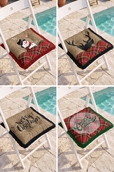 Realhomes Merry Christmas Written Plaid 4-Piece Fringed Puffy Chair Cushion w...