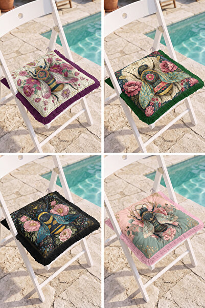 Realhomes Modern 4-Piece Fringed Pouf Chair Cushion Set with Bee Figures and ...