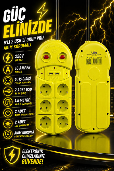 Ecuy 6'lı Grup Priz 2 USB'li 1.5 Metre Akım Korumalı Çift Anahtarlı Uzatma Ka...