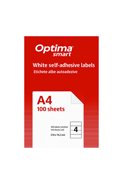 Optima Self-Adhesive White Labels 4/A4, 210 X 74.2 Mm, 100 Sheets/Pack, Smart...