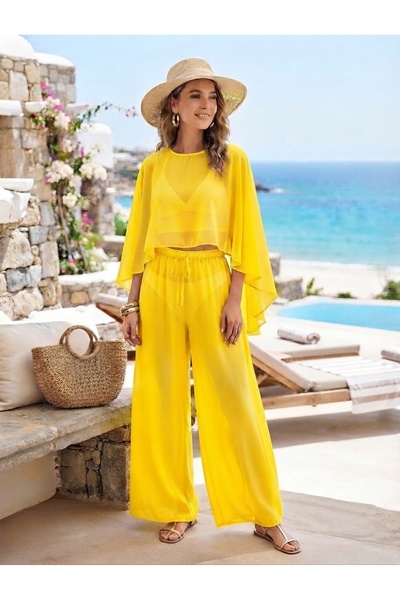 Maser Vibrant Yellow Cape Chiffon Pareo Double Set Beachwear