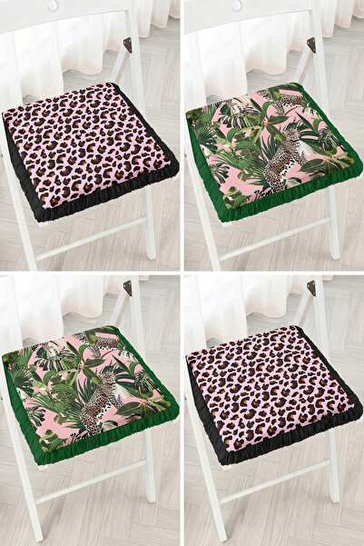 Realhomes Pink Patterned 4-Piece Fringed Zippered Chair Cushion Set with Trop...