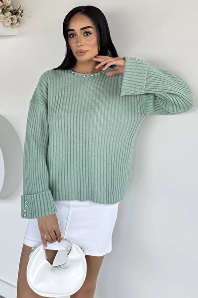 Aryena Mint Women's Stone Embellished Self-Patterned Knitwear Sweater