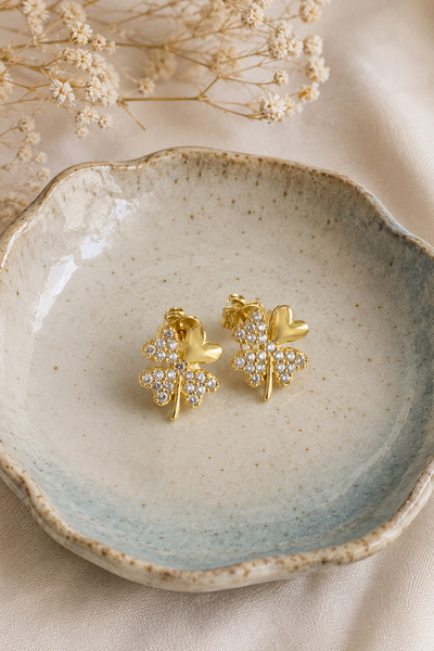 Silvanya Jewelry 925 Ayar Gümüş Altın Kaplama Yonca Küpe