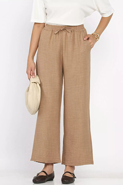 Aryena Beige Women's Elastic Waist Wide Leg Pants