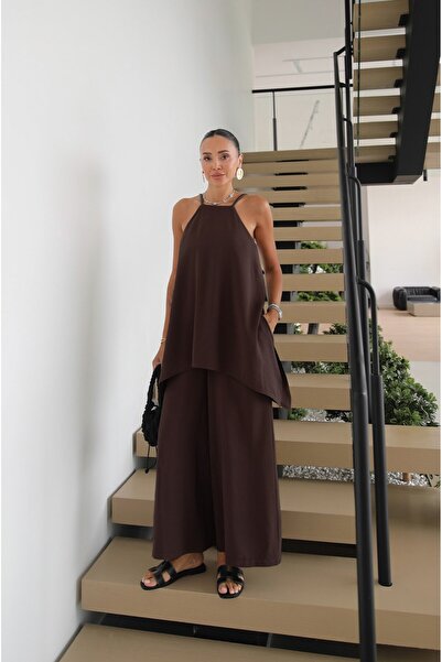Havoş Bitter Brown Leather Strap Shawl Detailed Jumpsuit