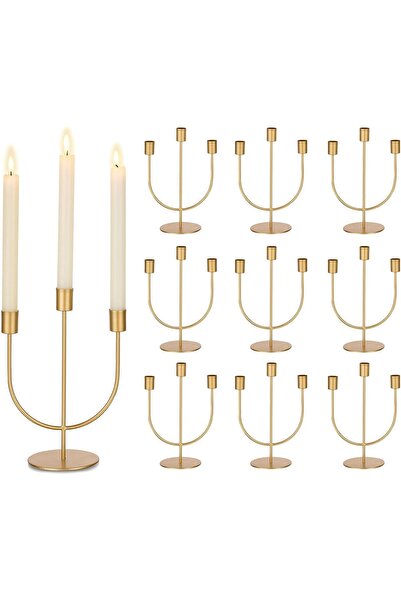 OEM Sfeșnic decorativ metalic elegant cu trei brațe, set de 10, auriu