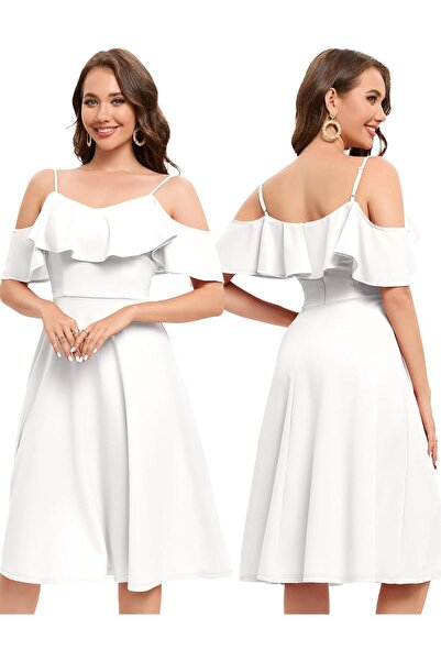 OEM Rochie elegantă de cocktail, formală, midi, cu umerii goi, de vară, albă, XL