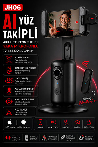 Aırstorr JH06 AI Yüz Takipli Akıllı Telefon Tutucu Kablosuz Yaka Mikrofonlu 3...