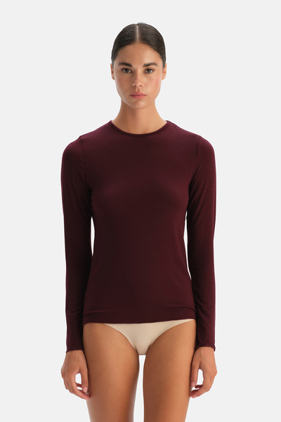 Dagi Burgundy Modal Cashmere Crew Neck Long Sleeve Top
