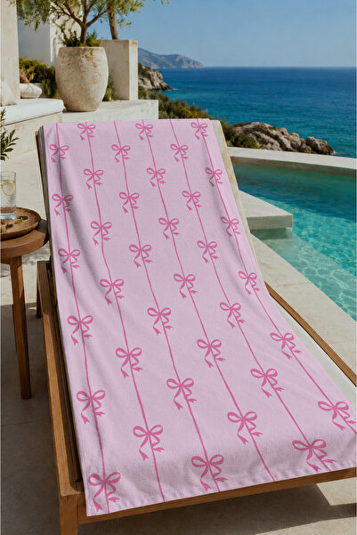 Evmila Pink Striped Mini Bow Patterned 70X150 Beach Towel - Cotton Bath Towel