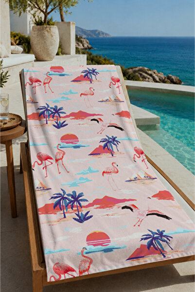 Evmila Pink Flamingo Palm Tree and Tropical Coast Patterned 70X150 Beach Towe...