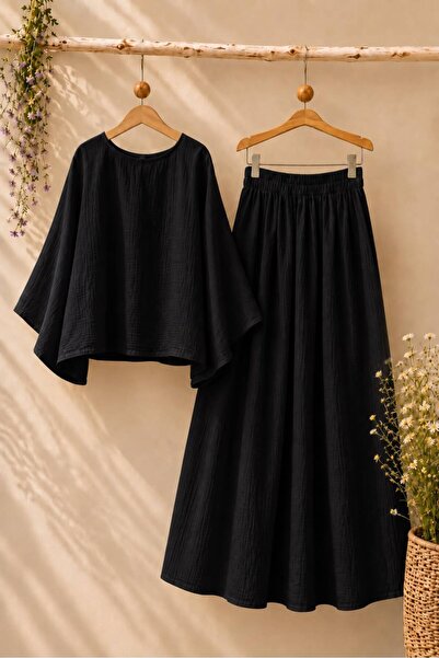 KÜÇÜĞÜM BUTİK Black Casual Muslin Blouse and Flared Skirt Set (Set of 2)