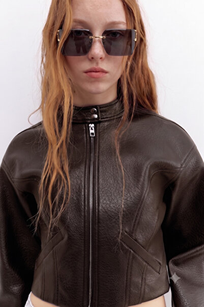 Jaglion Women's Biker Crop High Collar Zippered Light Brown Leather Jacket