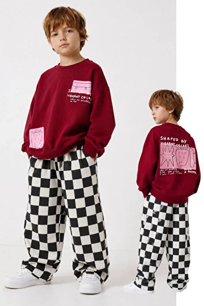 Minigimin Cicileri Shaped by Checkered Boys' 2-Piece Set - Claret Red