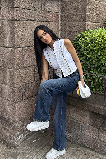 Aryena White Women's Napoleon Jean Denim Vest with Gold Button Accessories