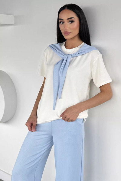 Aryena Blue Women's Elastic Waist Trousers and Tie-Front Blouse Two-Piece Set