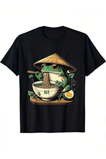 23ERVA 1pc Womens Cute Frog Ramen Eating Tshirt Cotton 180gsm.Printed Tee.Uni...
