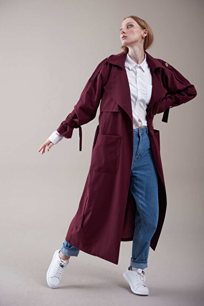 Heggo Women's Belted Long Trench Coat Oversized Cut