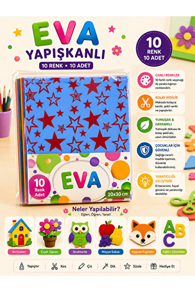 Yapışkanlı Desenli EVA Seti 10 Renk 10 Adet 20x30 cm Yıldız Desenli Renkli EVA Köpük Hobi El İşi Sanat ve Etkinlik Malzemesi