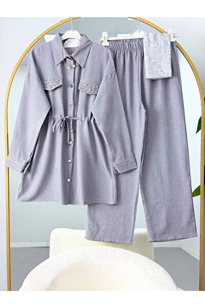 EC MODA Lace-Up Linen Trouser Suit with Stone-Embellished Cap