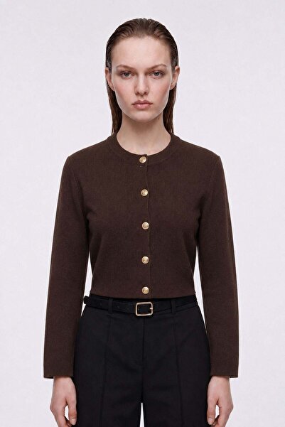 HAKKE Women's crew neck gold button detailed knit cardigan