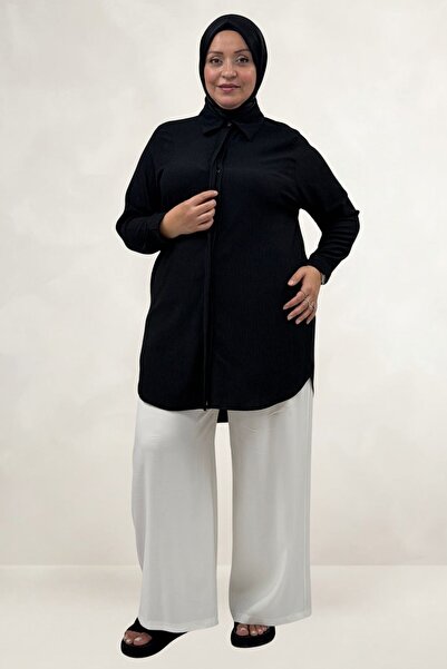 Eslina 68078 Large Size Men's Collared Buttoned Short Wrinkled Shirt - Black