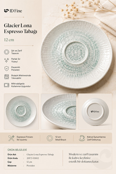İD FİNE Glacier Lona Porcelain 12 cm Espresso Plate - Stylish and Elegant Cof...