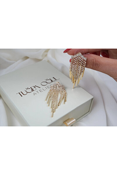 ATELİER TUĞBA Kp686 Zircon Stone Tasseled Gold Earrings (Length 55 mm)