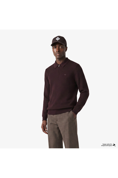 Lacoste Erkek Regular Fit Yarım Fermuarlı Yün Bordo Kazak