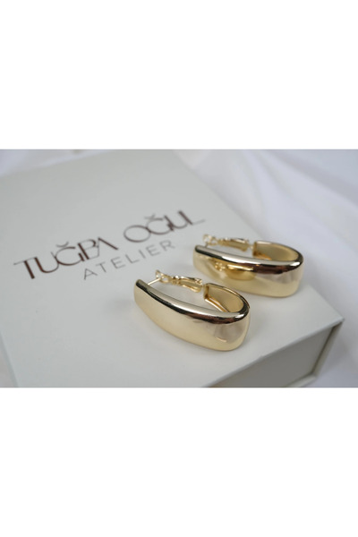 ATELİER TUĞBA Kp698 Thick Bombed Gold Hoop Earrings (Length 34 mm)