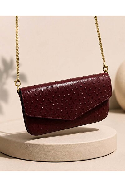 Uderra Leather Uderra Genuine Leather Ostrich Print Claret Red Shoulder Bag-S...