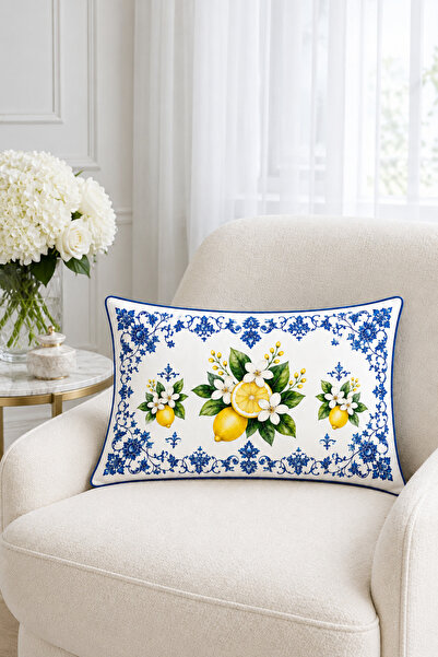 HOMESSA Blue Tile Lemon 2-Piece Throw Pillow Cover 35X55 cm