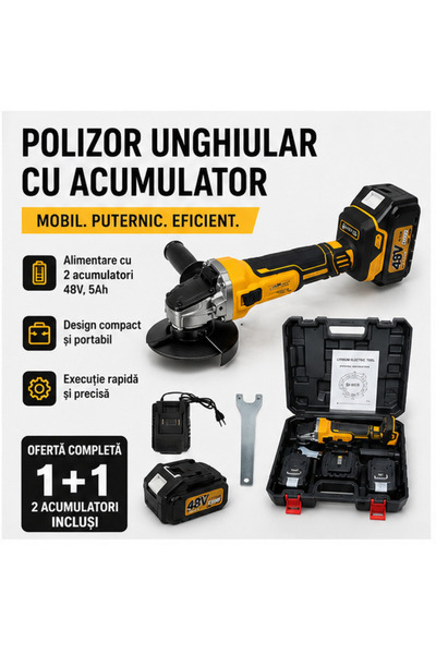 OEM Polizor Unghiular Flex 48V, 2 Acumulatori, 11.000 RPM