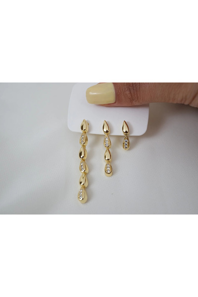 ATELİER TUĞBA Çkp3024 Drop Shape Zircon Stone 3-Piece Earring Set