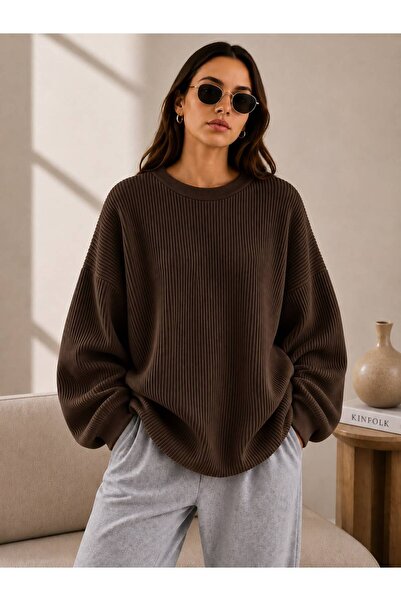threeoff Women's Oversize Ribbed Knit Sweater Crew Neck Loose Long Sleeve Com...