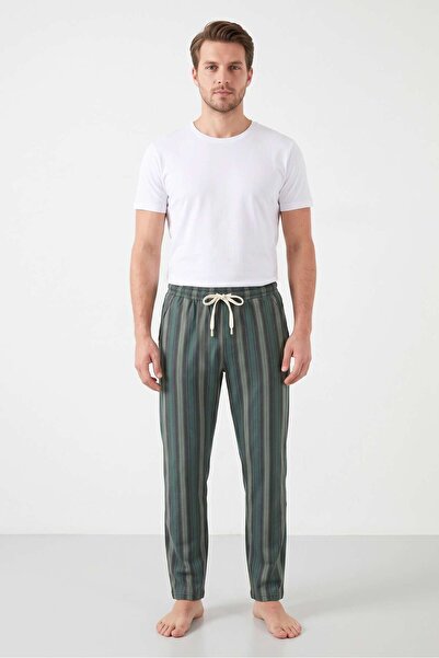 OBJE Men's Green Striped Printed Combed Cotton Modal Pajama Bottoms