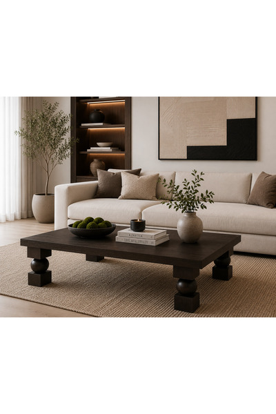 Trihome Doğal Masif Ahşap Orta Sehpa 100x100 cm – Heykelsi Küp Top Ayaklı Mod...