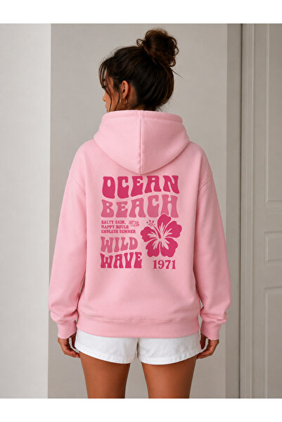 Harmandar Ocean Beach Printed Unisex Pink Kangaroo Pocket Hooded Sweatshirt H...