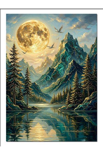 Artmeg Pictură decorativă pe pânză cu peisaj de lac montan la lună plină - Ta...