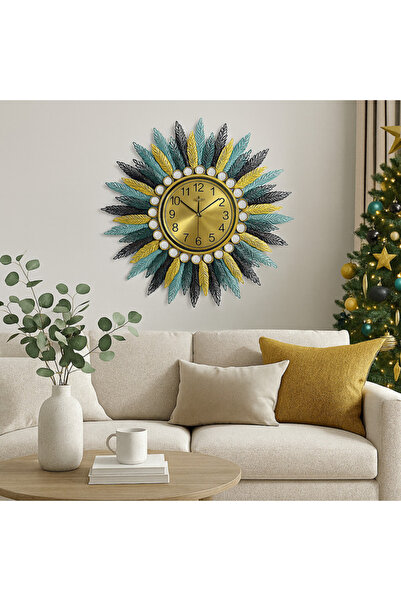 OMB Ceas de perete decorativ, design floral modern, metalic, 73cm