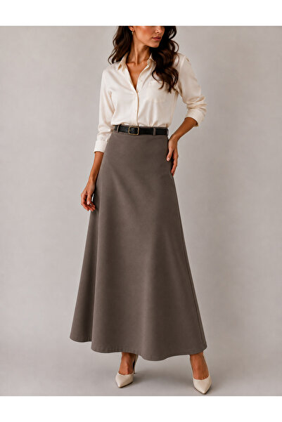 YAXİ Belt-Detail Maxi Length Loose Mink Woven Skirt