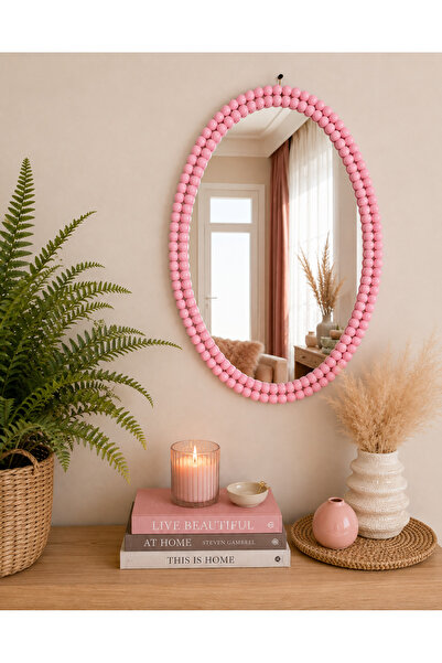 BOHEM Boncuklu Oval Dekoratif Ayna Bebek Pembesi Şeker Pembe Boho Duvar Aynas...