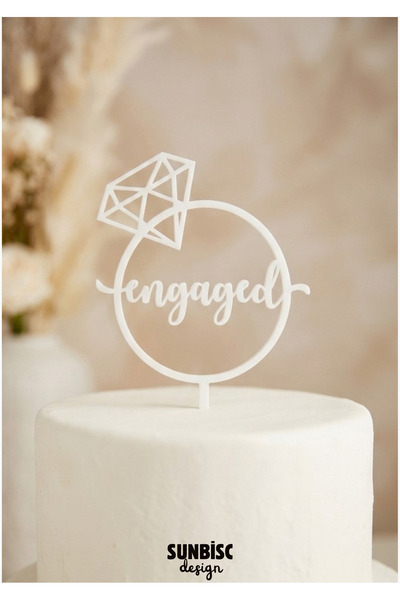 Engaged Yazılı Tektaş Yüzük Model Beyaz Nişan ve Söz Pastası Süsü - Cake Topper