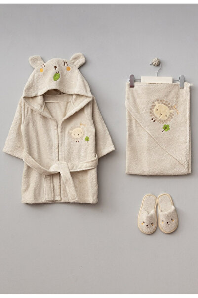 Bebitof Hooded Embroidered Baby Bathrobe Set (Bathrobe + Towel + Slippers)